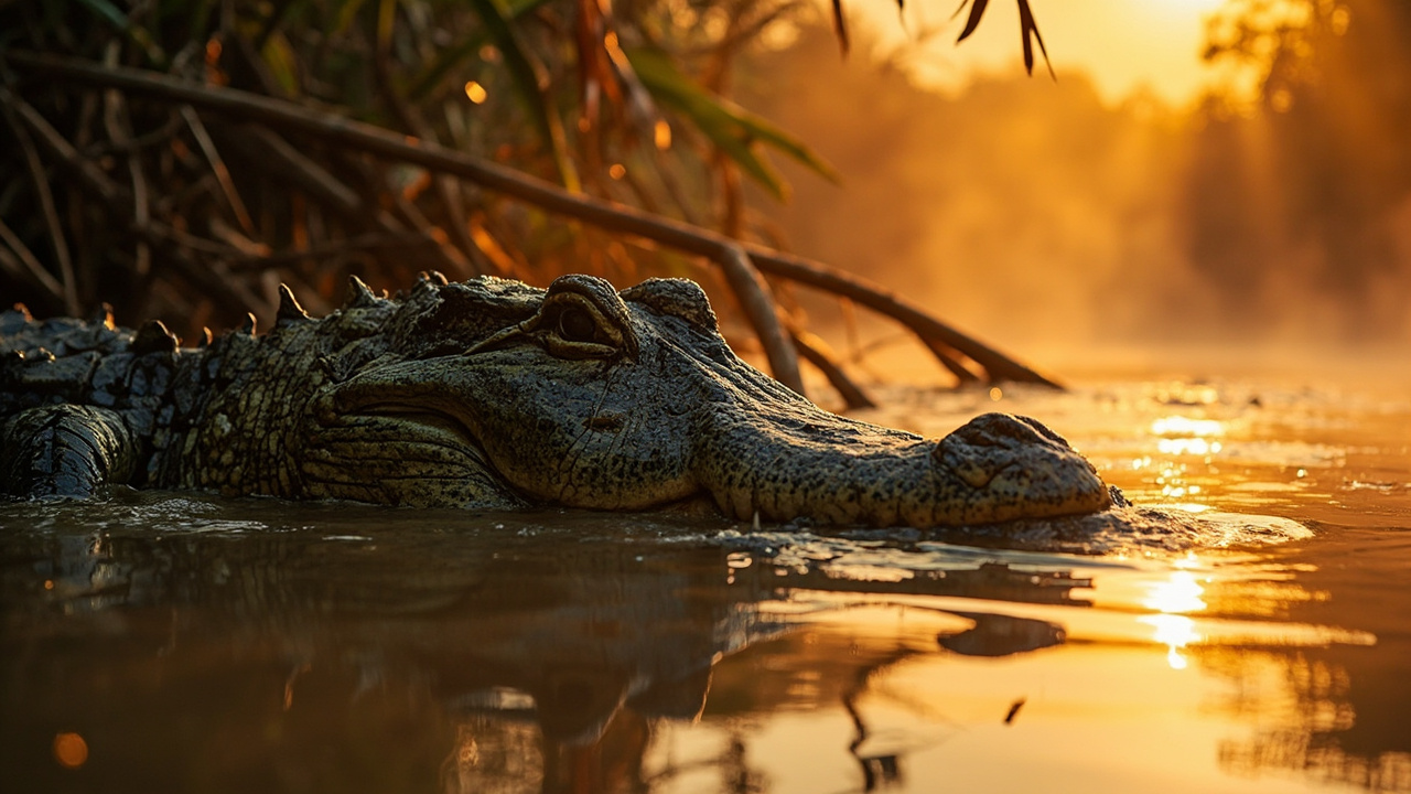 Crocodile in marshy border river waters
