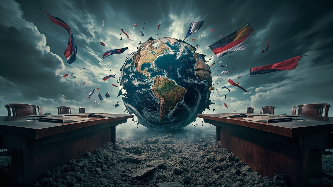 Fractured global political landscape illustration