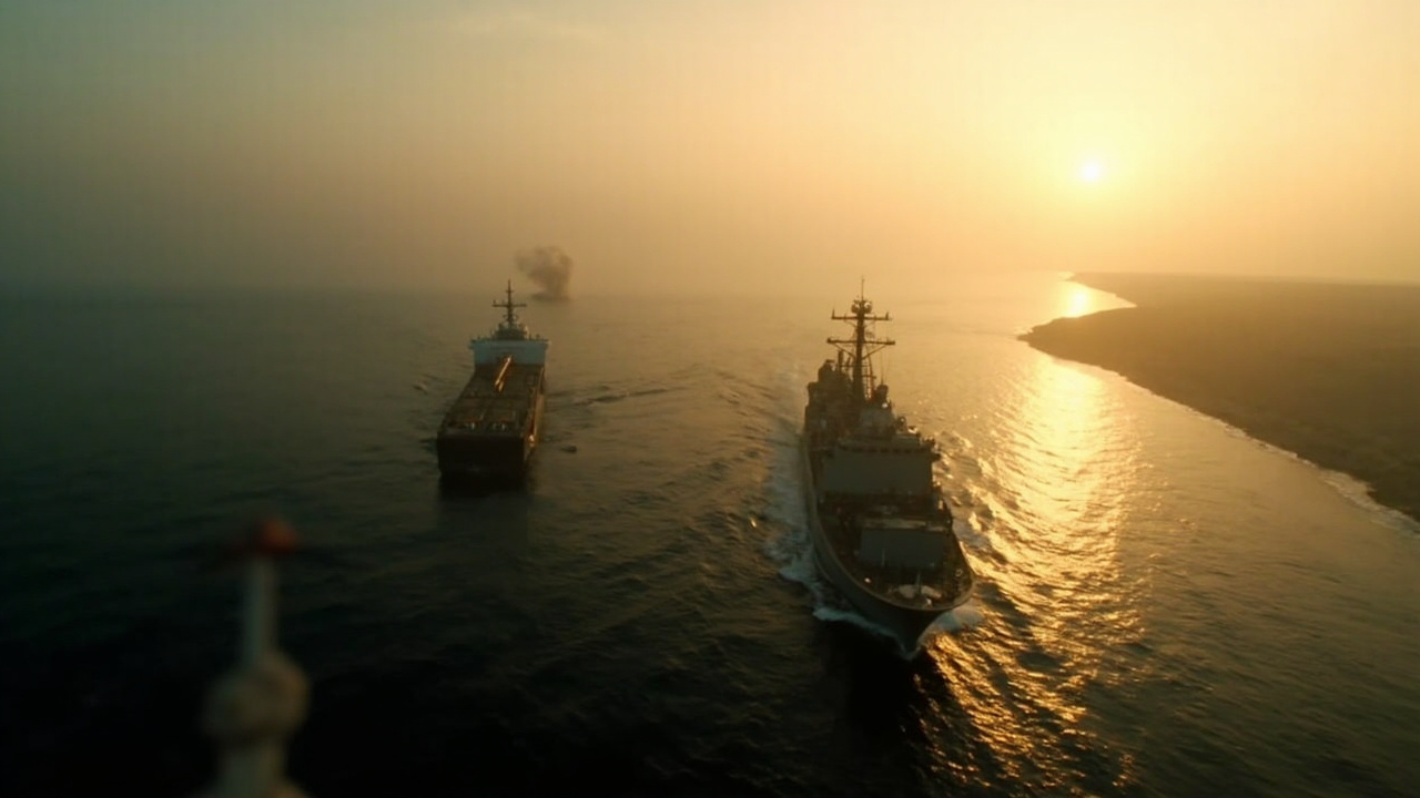 US Navy warship and oil tanker in Red Sea with Houthi coastal threat
