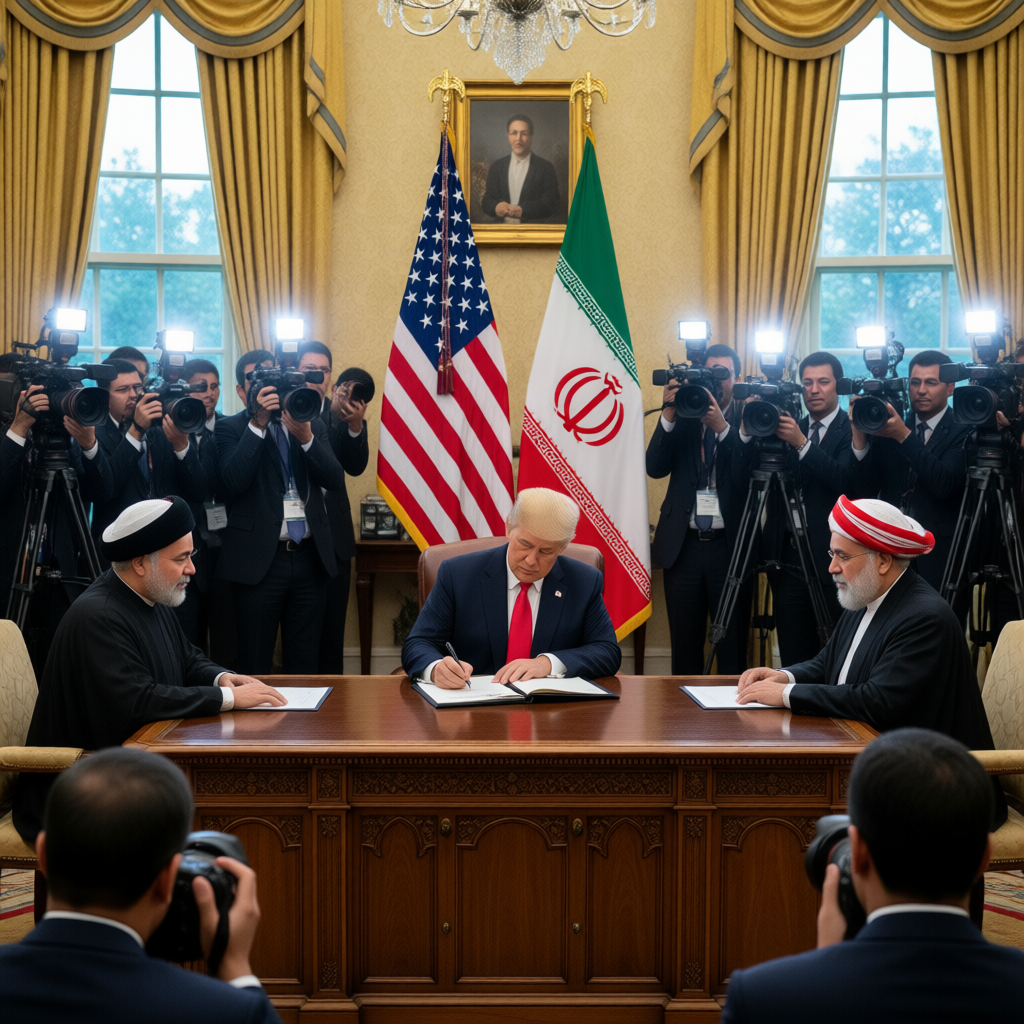 Donald Trump and Iranian officials signing diplomatic peace agreement at summit ceremony