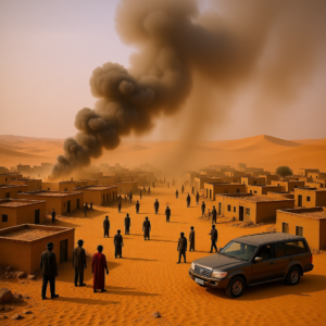 Sudan conflict smoke and dust over Darfur region desert landscape