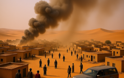 Sudan conflict smoke and dust over Darfur region desert landscape