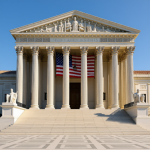 Supreme Court building exterior with marble columns and American flag