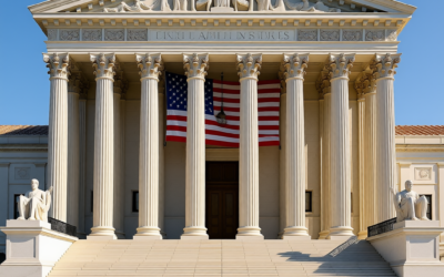 Supreme Court building exterior with marble columns and American flag
