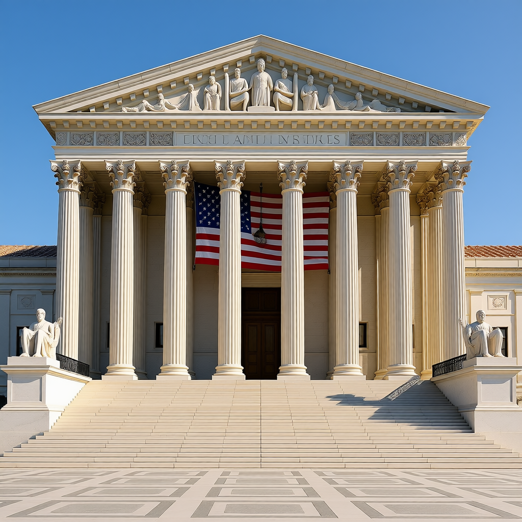 Supreme Court building exterior with marble columns and American flag