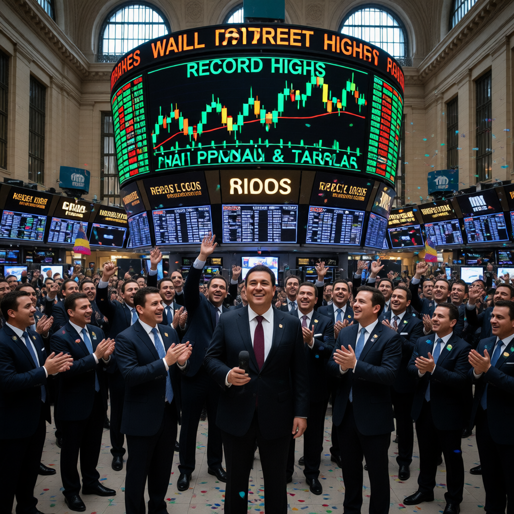 Wall Street stock exchange trading floor with digital ticker showing record highs